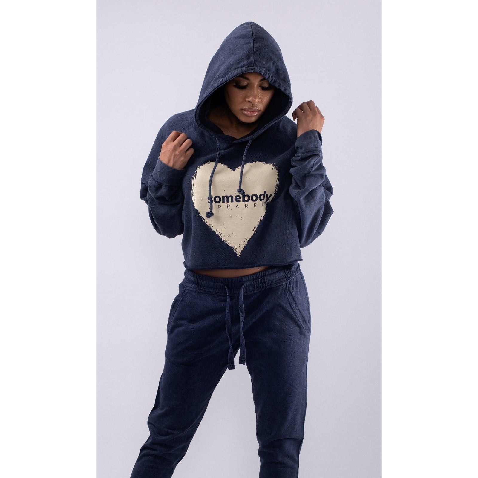 Vintage Wash Raw Edge Cropped Hoodies with White Heart Graphic - Somebody Apparel