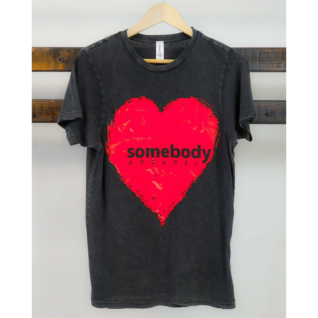 Vintage Wash Crewneck T-Shirts with Red Heart Graphic - Somebody Apparel